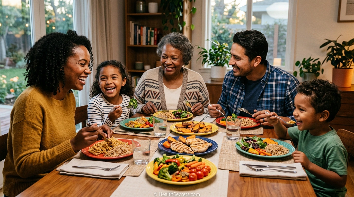 Family eating healthy immune-boosting dinner together modeling good nutrition for children