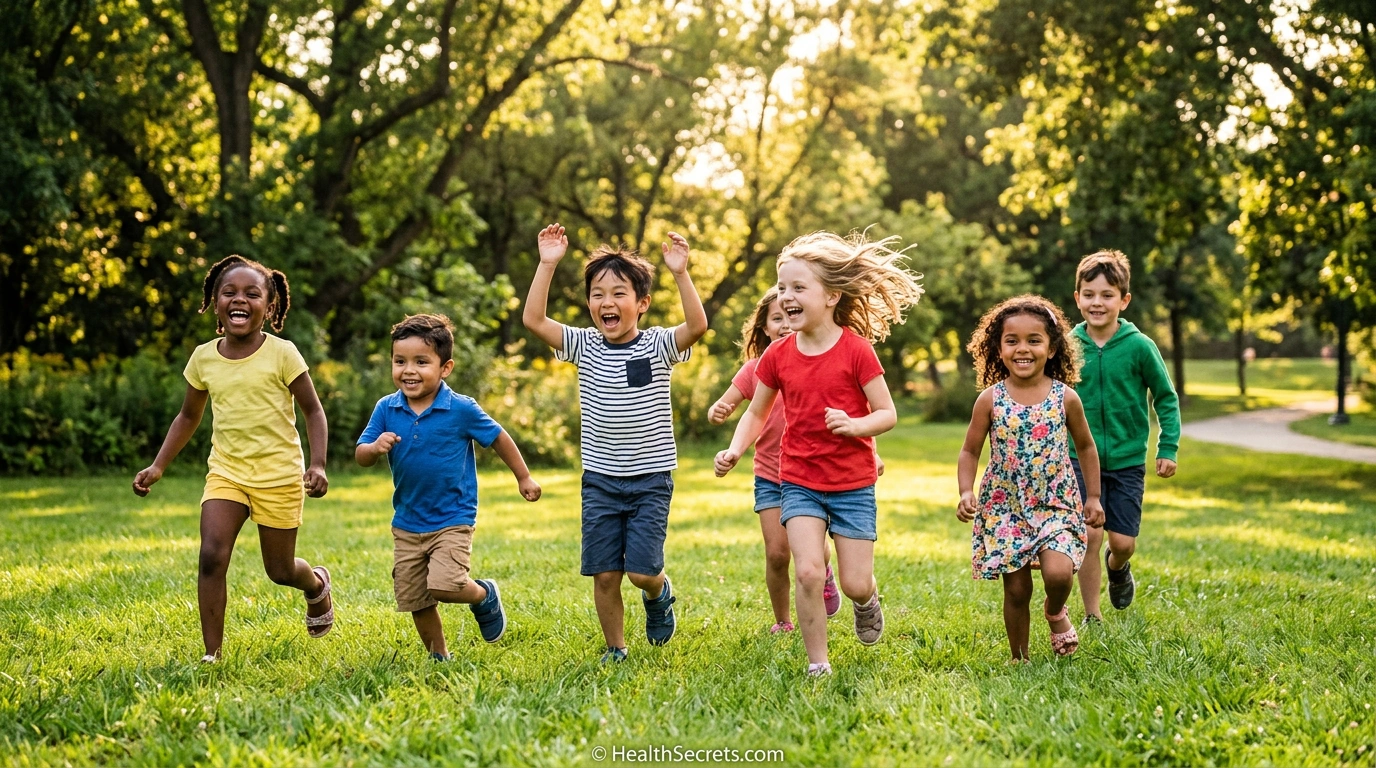 Happy diverse children playing outdoors to naturally boost immune system