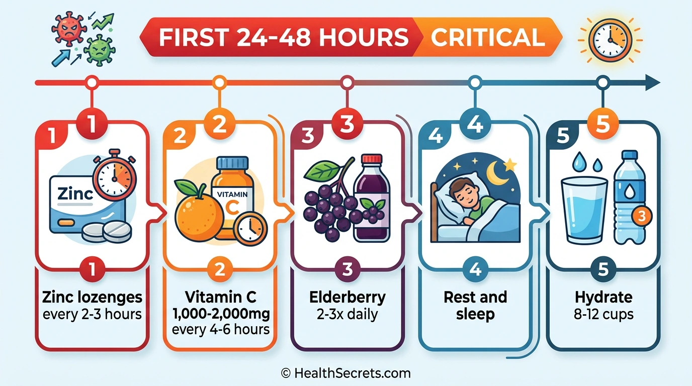 Early intervention protocol infographic showing zinc lozenges, vitamin C, elderberry, rest, and hydration steps for first 24-48 hours of cold symptoms