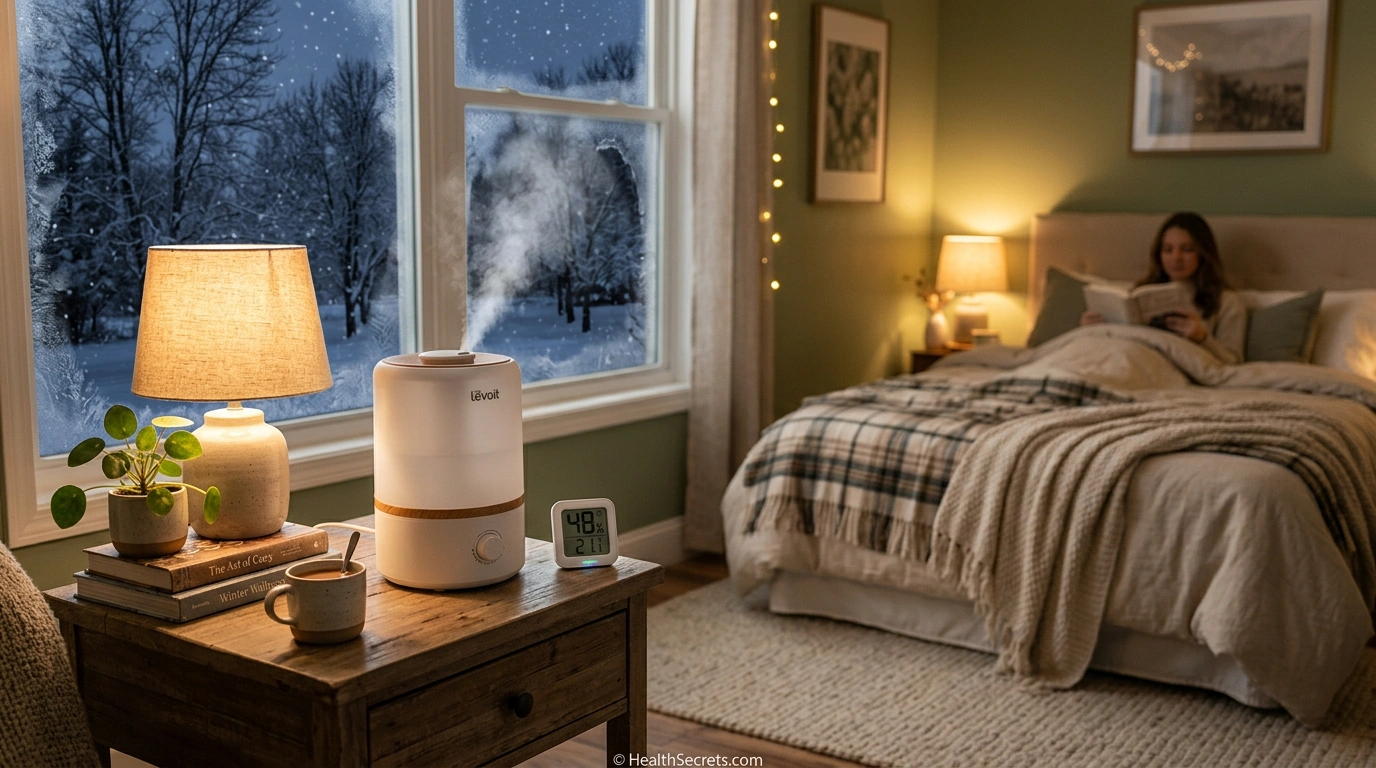 Bedroom with cool mist humidifier and hygrometer showing optimal 48% humidity for winter immune health