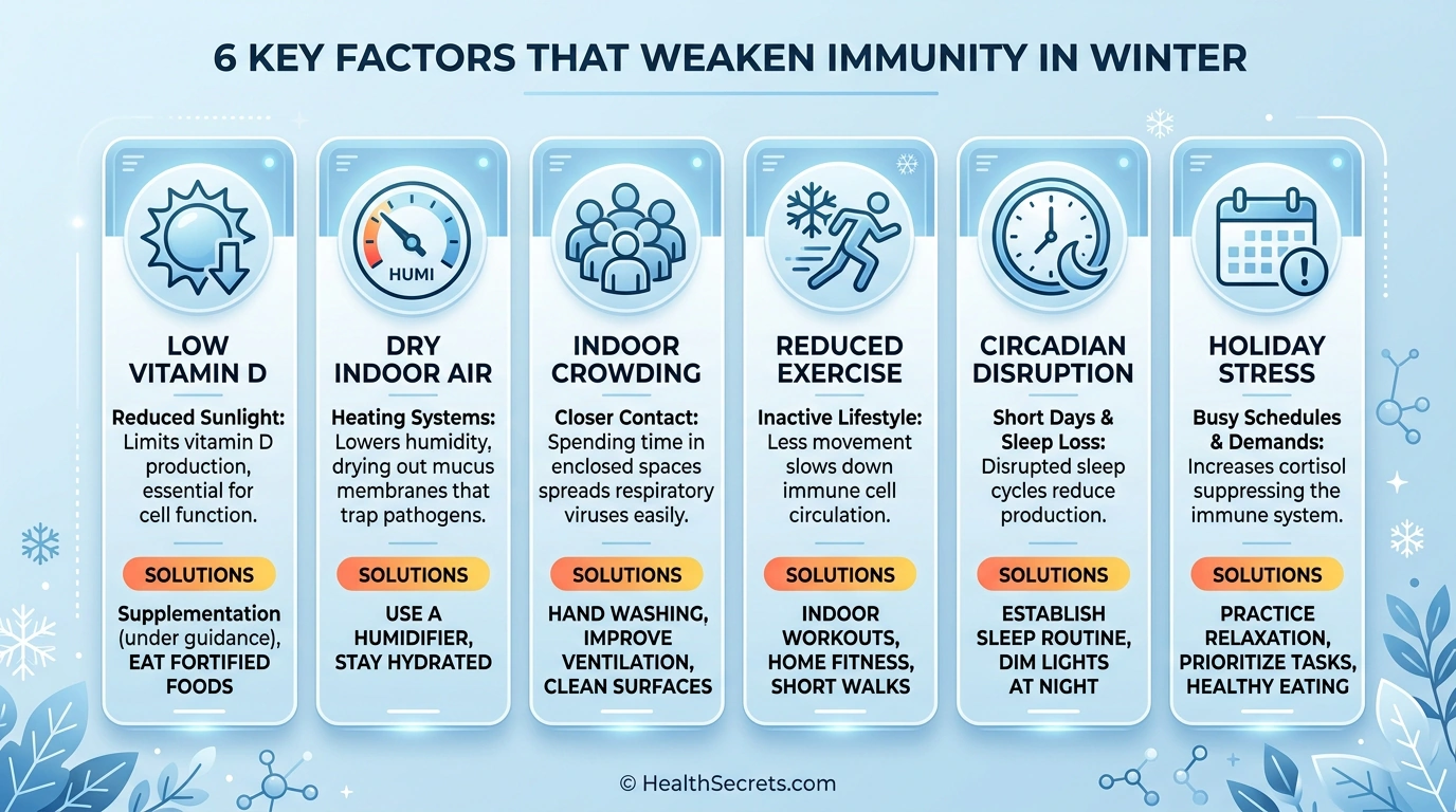 Infographic showing six factors that weaken the immune system in winter including vitamin D deficiency, dry air, indoor crowding, reduced exercise, circadian disruption, and stress