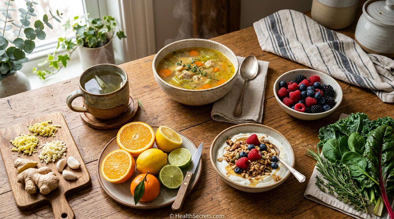 Immune-boosting winter foods including bone broth soup, citrus fruits, garlic, ginger, berries, yogurt, and green tea