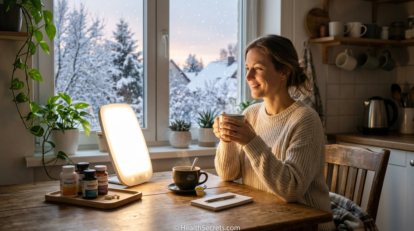 Person using light therapy lamp during morning routine with supplements and tea for winter immune support
