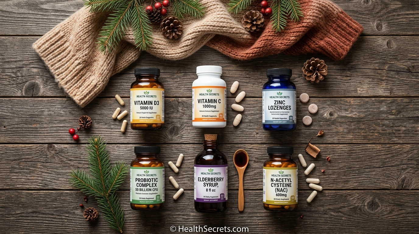 Winter immune supplement stack including vitamin D3, vitamin C, zinc, probiotics, elderberry, and NAC arranged on wooden surface