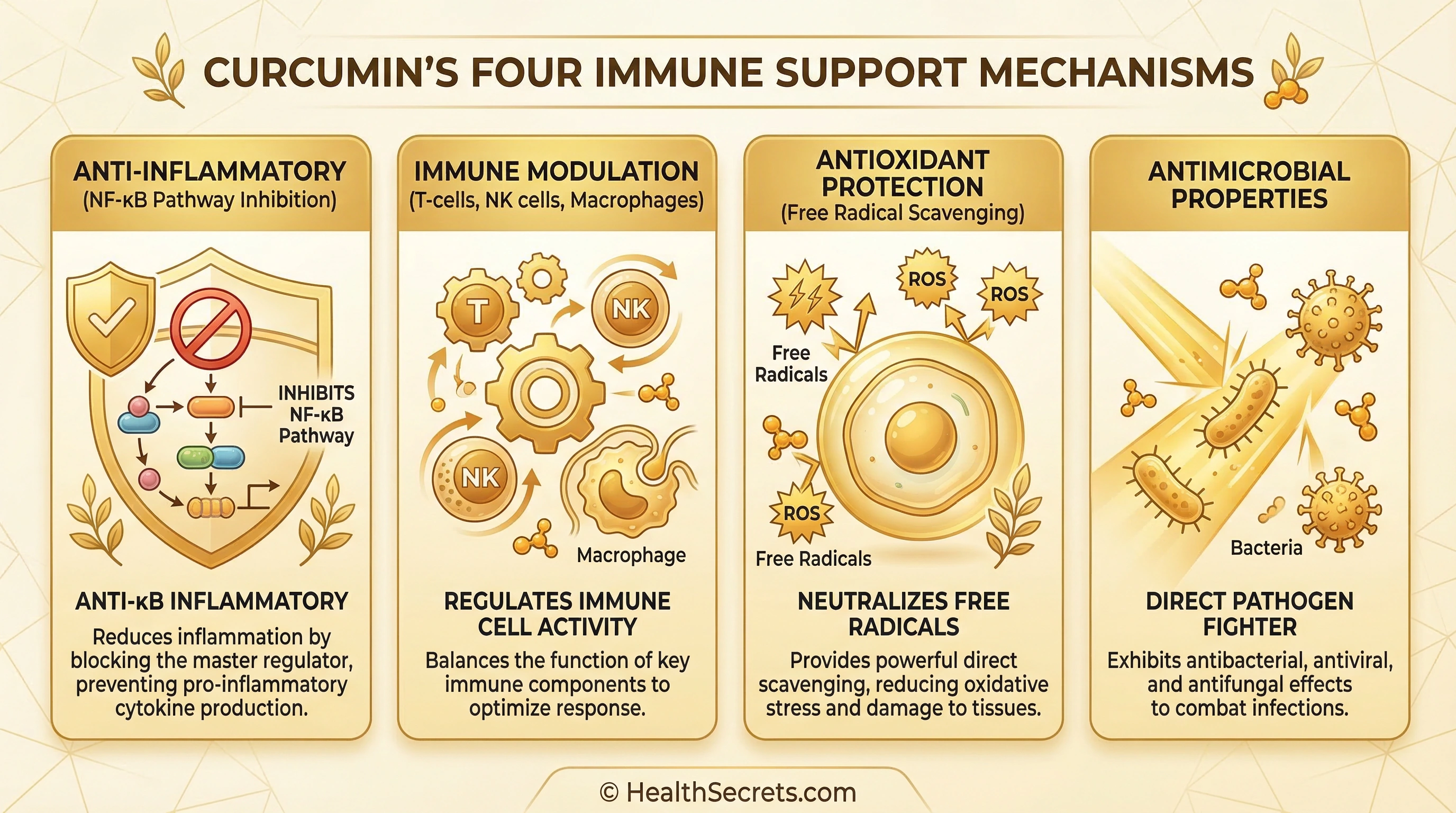 Infographic showing how curcumin supports the immune system through four mechanisms