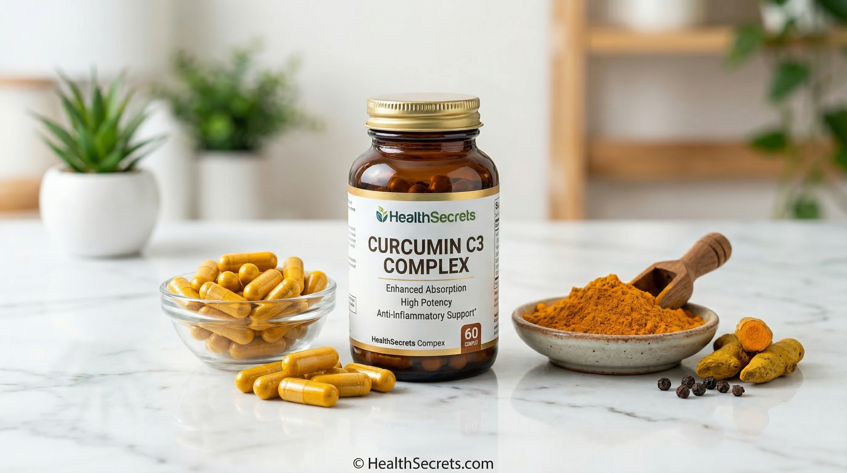Curcumin supplement capsules and turmeric powder for immune health support