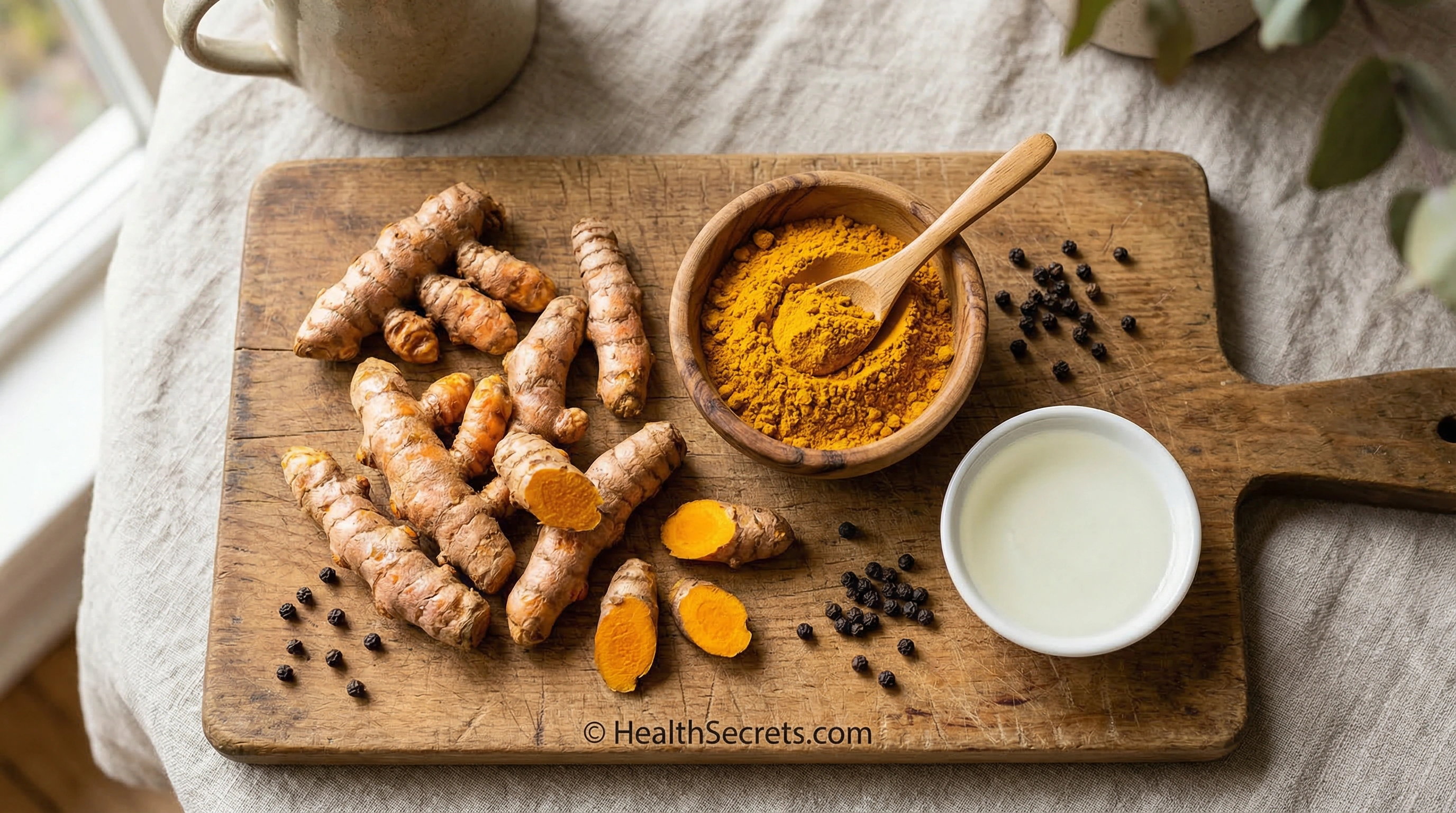 Fresh turmeric root and golden turmeric powder with black peppercorns for immune health