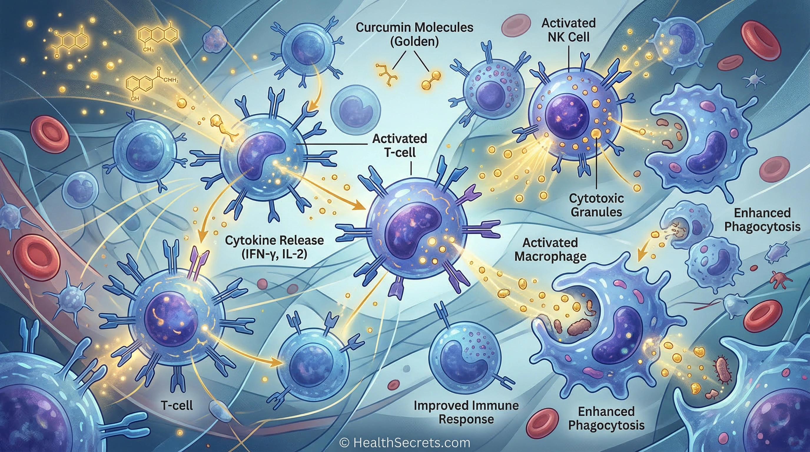 Illustration of curcumin activating immune cells including T-cells macrophages and NK cells