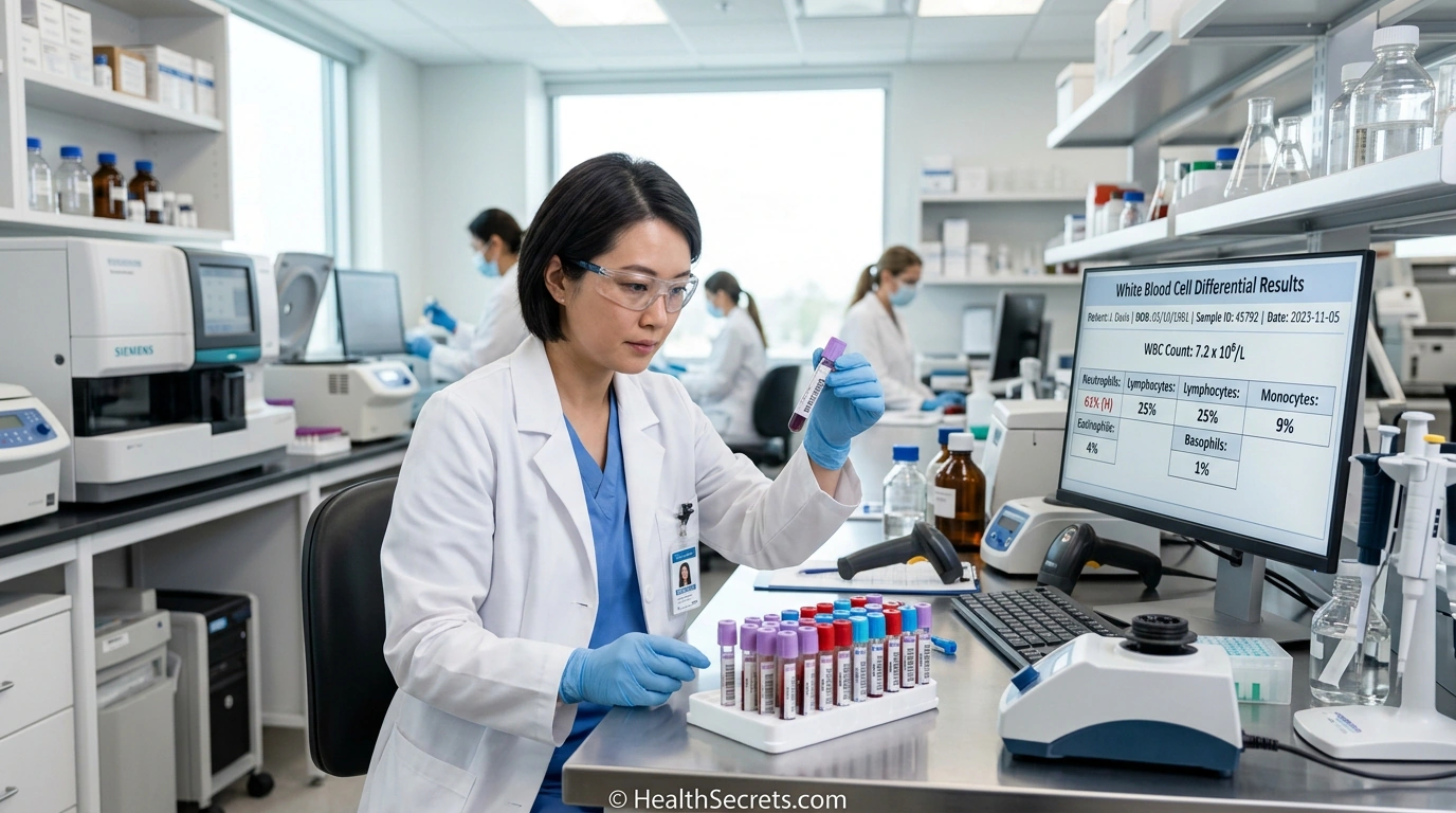 Medical laboratory professional analyzing immune system blood test results including CBC differential