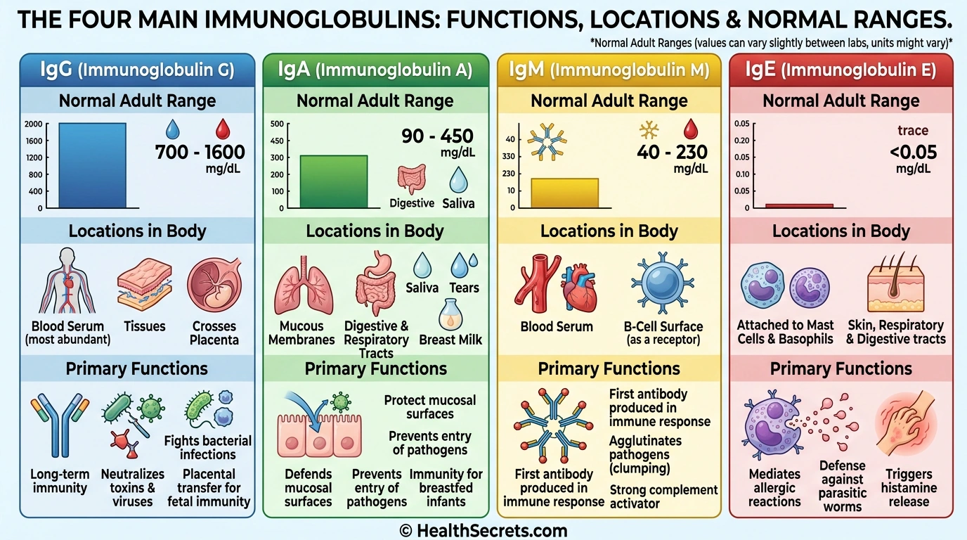 Chart showing normal immunoglobulin levels IgG IgA IgM IgE with functions and ranges