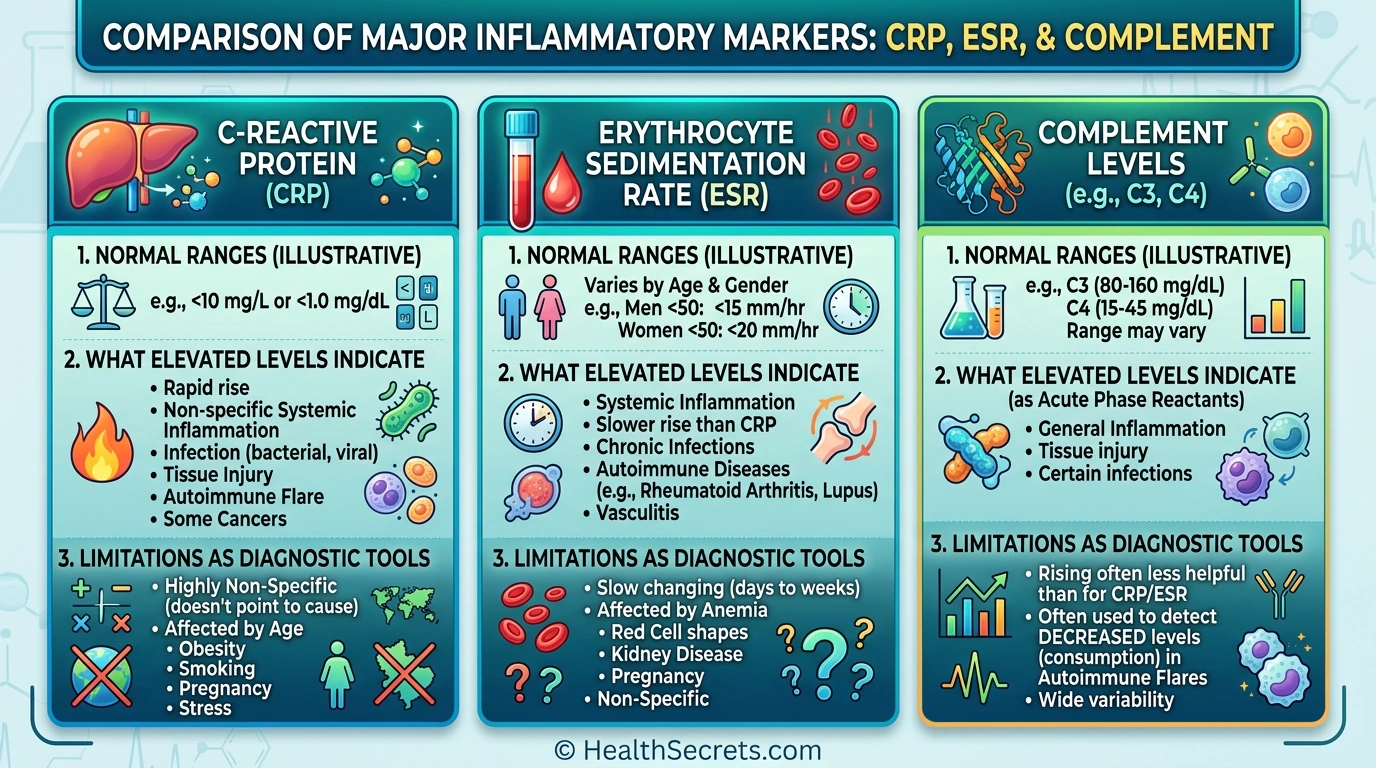 Comparison of inflammatory markers CRP ESR and complement with normal ranges and clinical significance