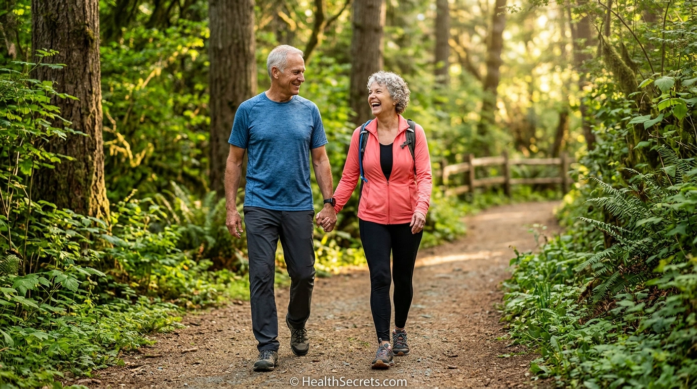 Healthy senior couple walking outdoors in nature maintaining immune health through regular exercise