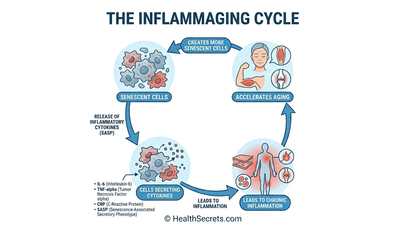 Diagram illustrating the inflammaging cycle showing how chronic low-grade inflammation accelerates immune system aging
