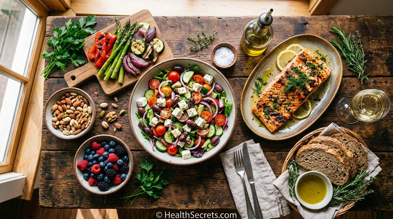 Mediterranean diet foods including salmon vegetables olive oil and nuts that support aging immune health