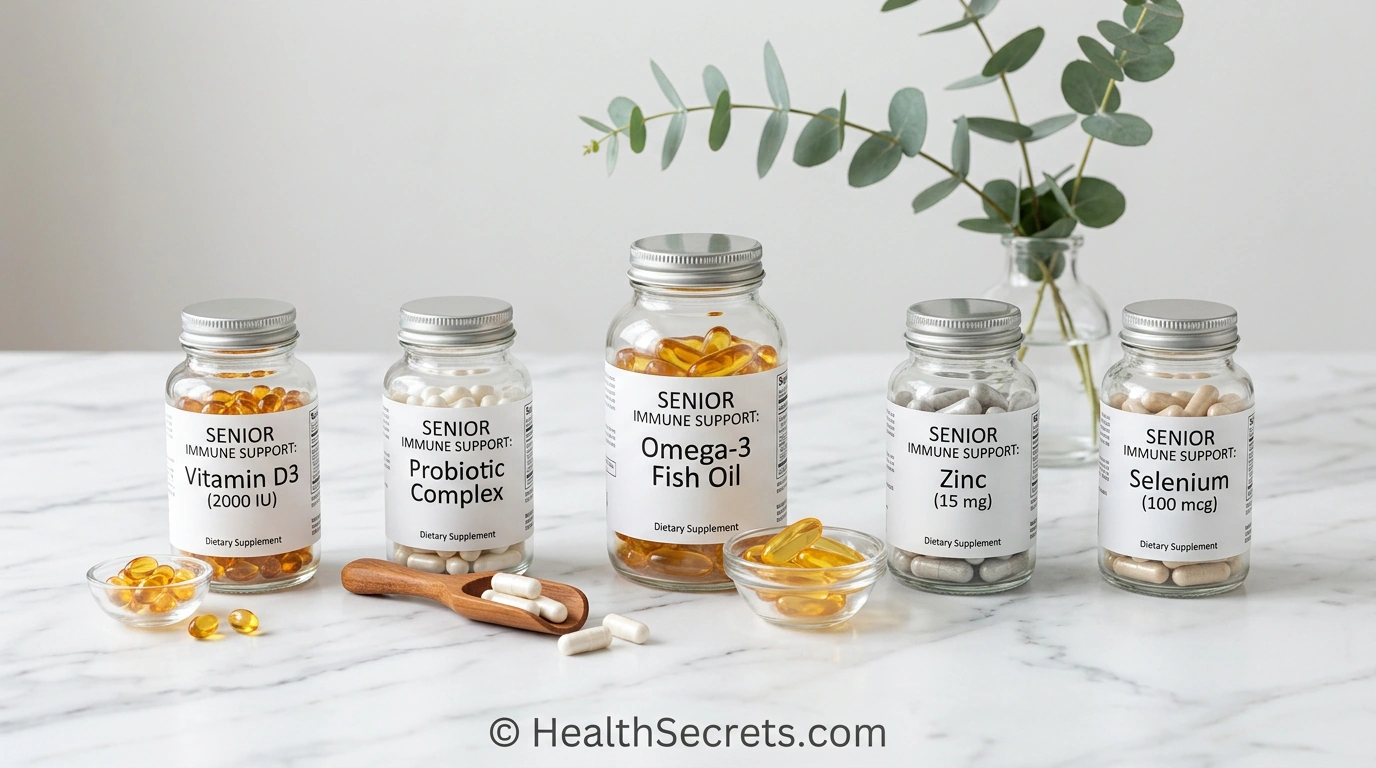Arrangement of key immune support supplements for seniors including vitamin D probiotics omega-3 zinc and selenium