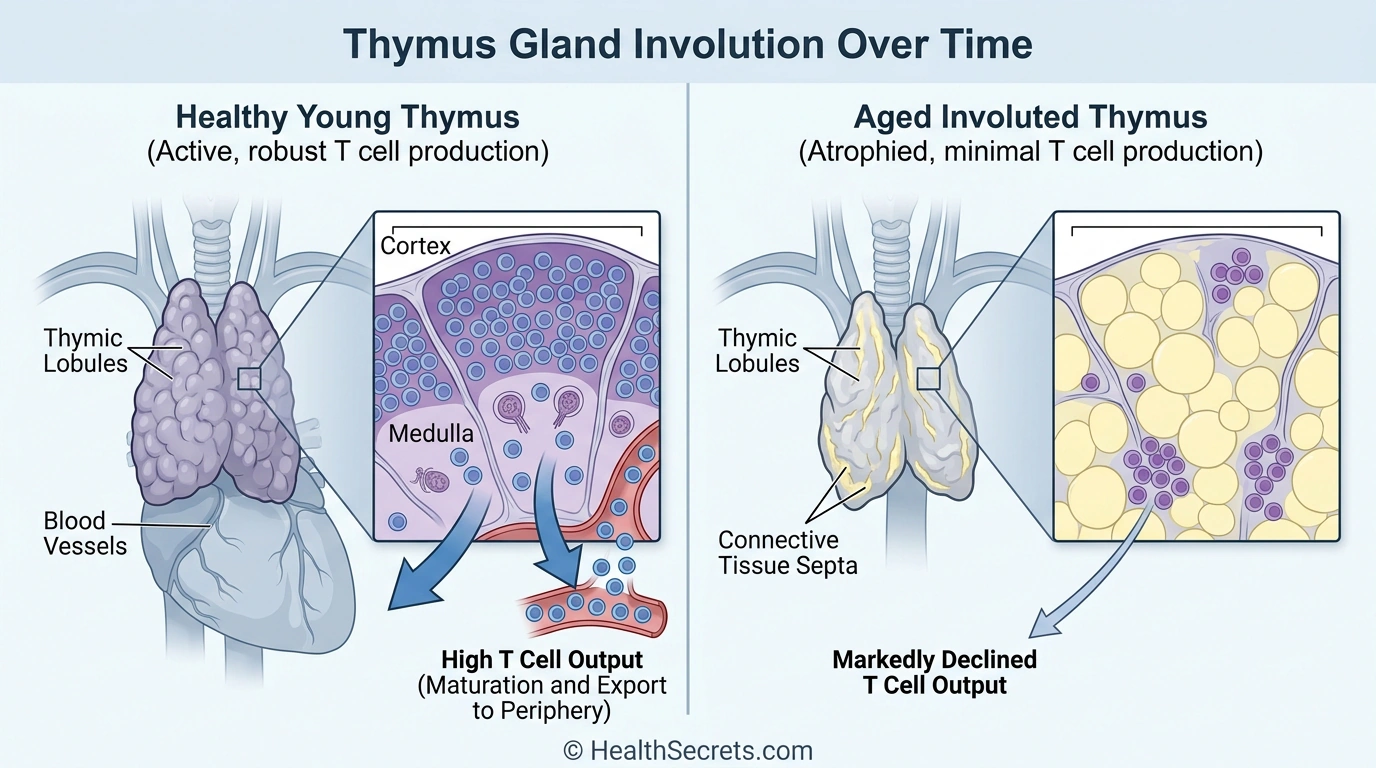 Medical illustration comparing healthy young thymus producing T cells with aged involuted thymus replaced by fatty tissue