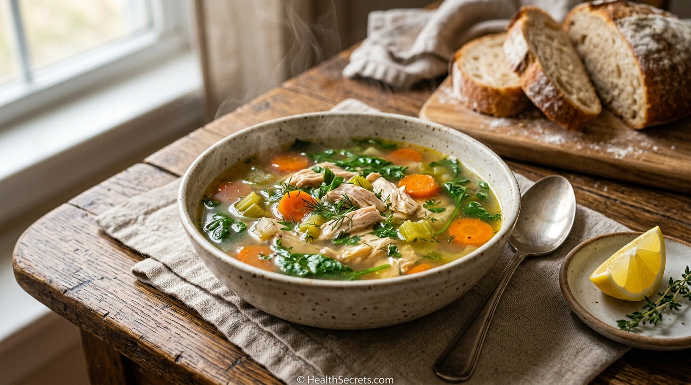 Immune-boosting chicken soup with vegetables, spinach, and lemon for cold and flu season