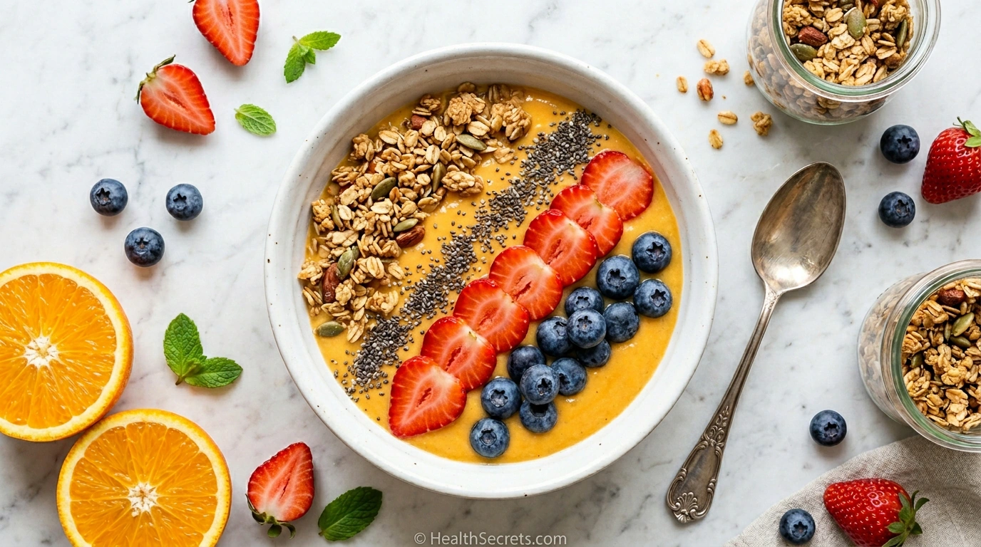 Citrus sunshine smoothie bowl topped with berries, granola, and chia seeds for immune support