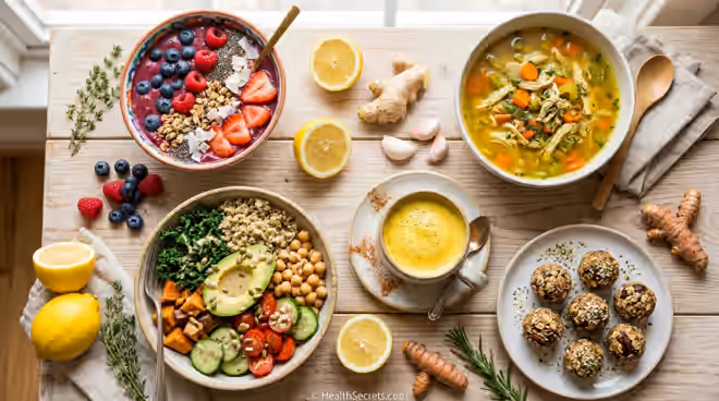 Spread of 15 immune-boosting recipes including smoothie bowls, chicken soup, quinoa bowls, and turmeric latte