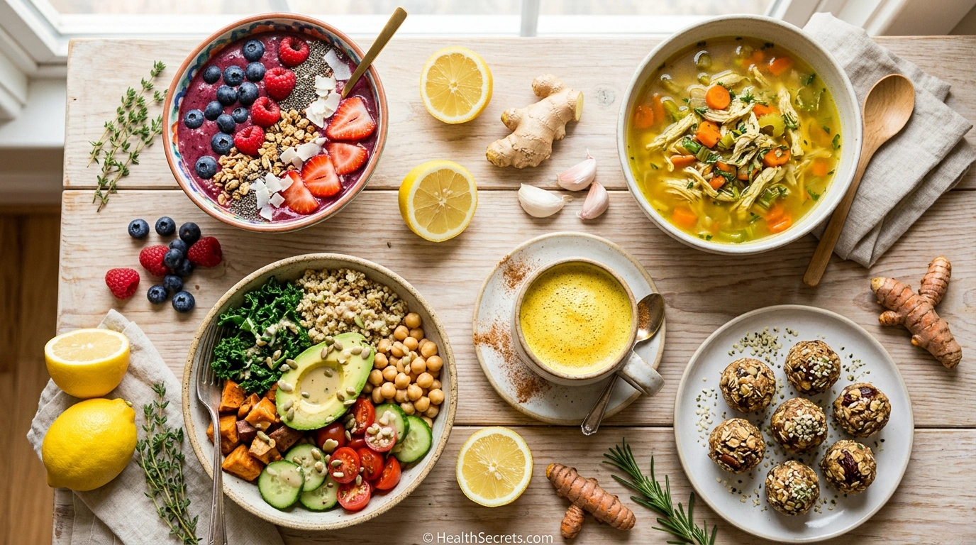Spread of 15 immune-boosting recipes including smoothie bowls, chicken soup, quinoa bowls, and turmeric latte