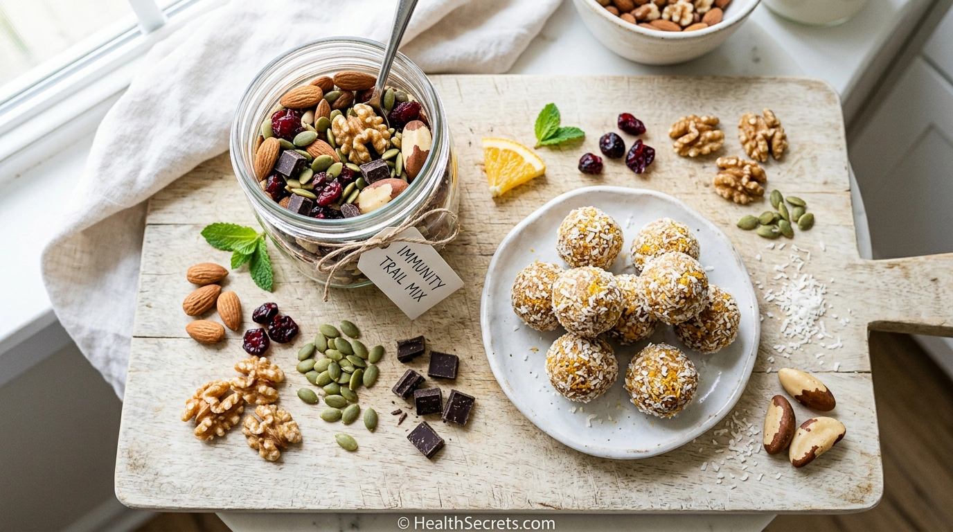 Immunity trail mix with nuts, seeds, and dark chocolate alongside citrus energy bites for immune-boosting snacks