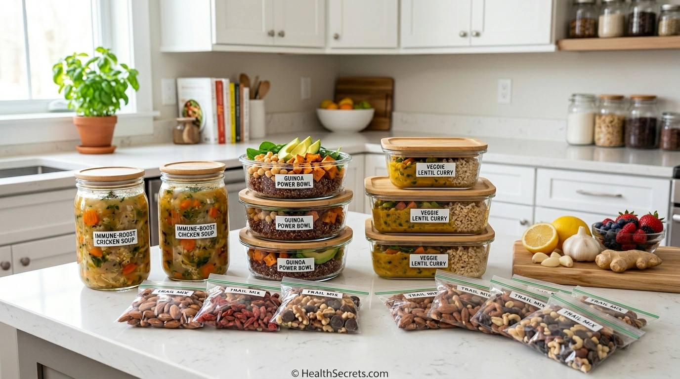 Weekly immune-boosting meal prep with labeled glass containers of soups, bowls, and portioned snacks