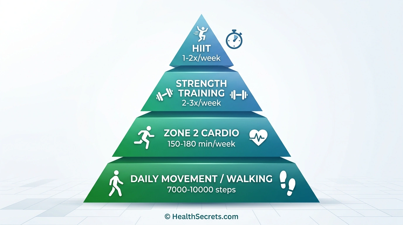 Exercise pyramid for longevity showing daily movement Zone 2 cardio strength training and HIIT with recommended weekly durations