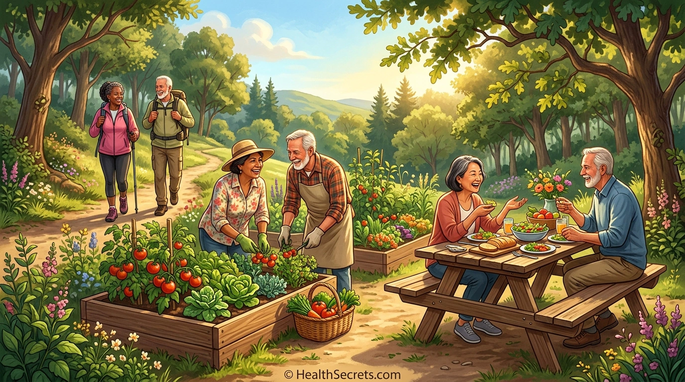 Active diverse seniors enjoying outdoor activities including hiking gardening and socializing representing longevity and healthy aging