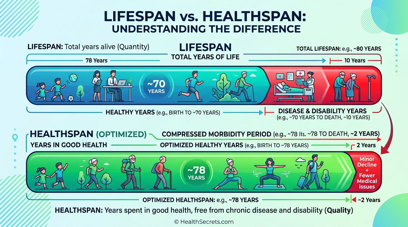 Visual comparison of lifespan versus healthspan showing the goal of compressing morbidity period