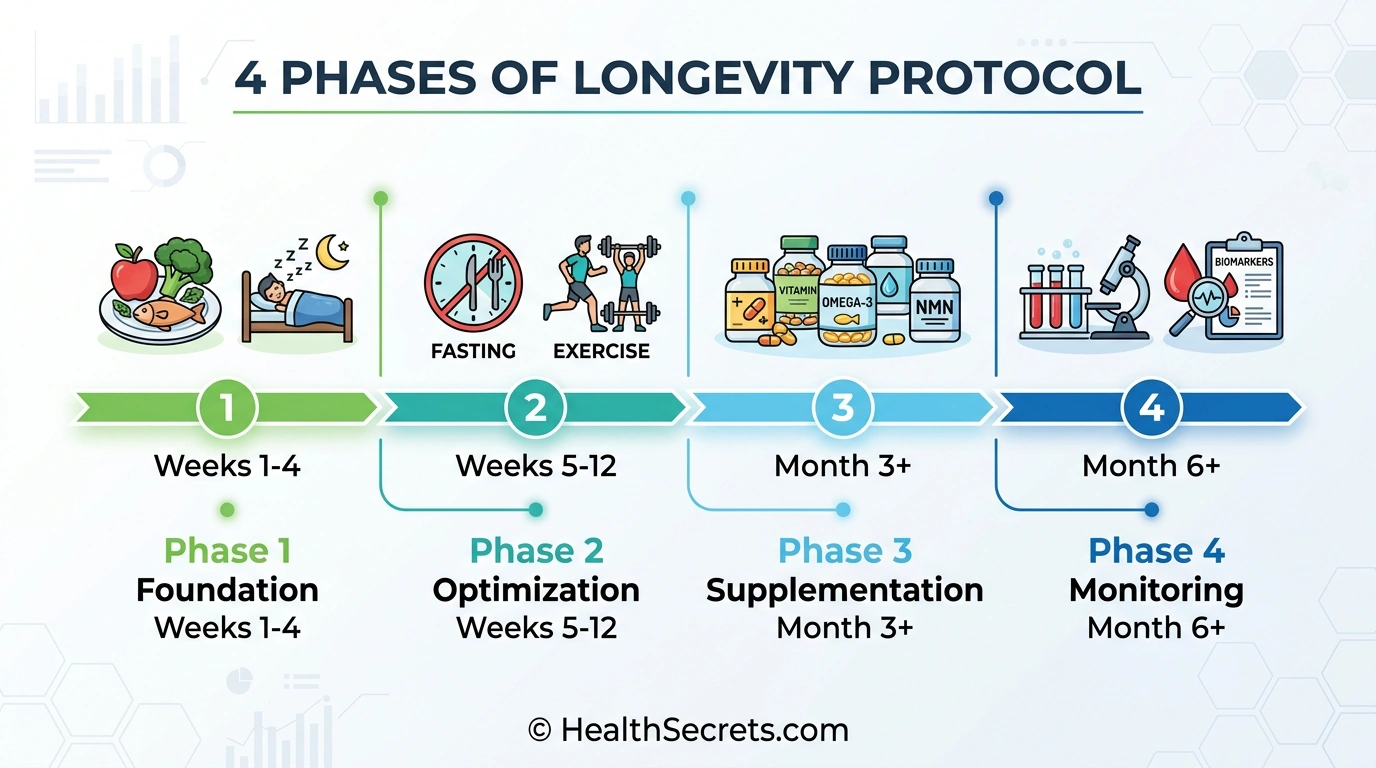 Timeline infographic showing the four phases of a longevity protocol from foundation through advanced monitoring