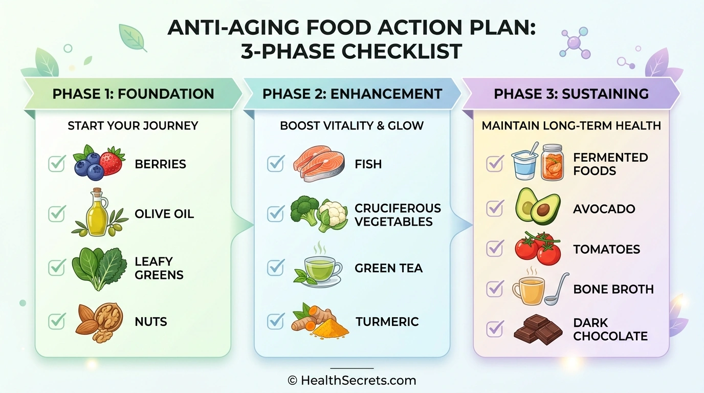 Three-phase action plan checklist for incorporating anti-aging foods into your daily diet