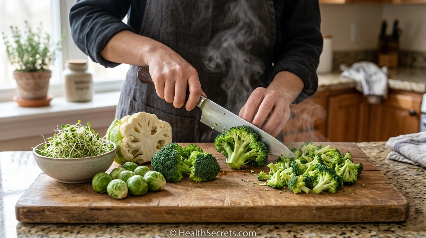 Cruciferous vegetables including broccoli, cauliflower, and Brussels sprouts being chopped to release sulforaphane