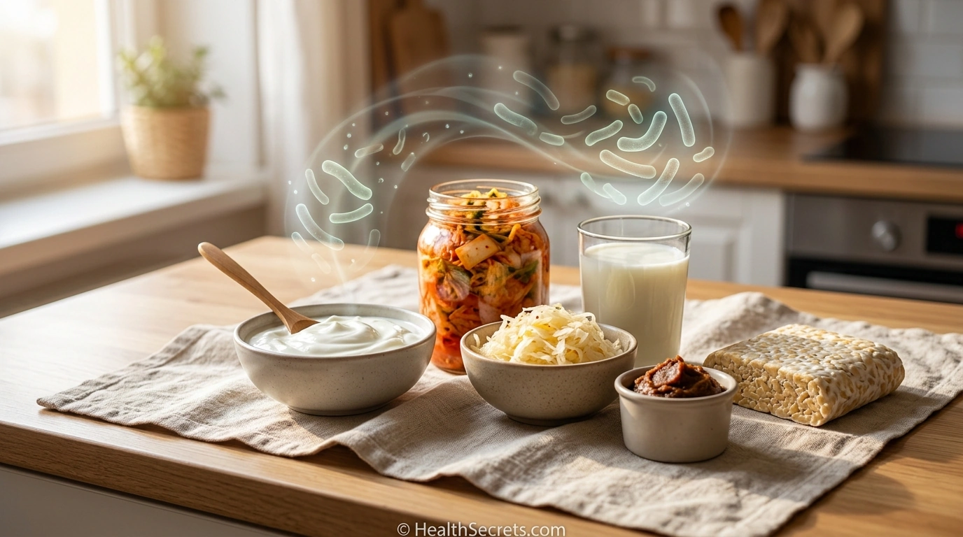 Collection of fermented anti-aging foods including yogurt, kimchi, sauerkraut, kefir, miso, and tempeh