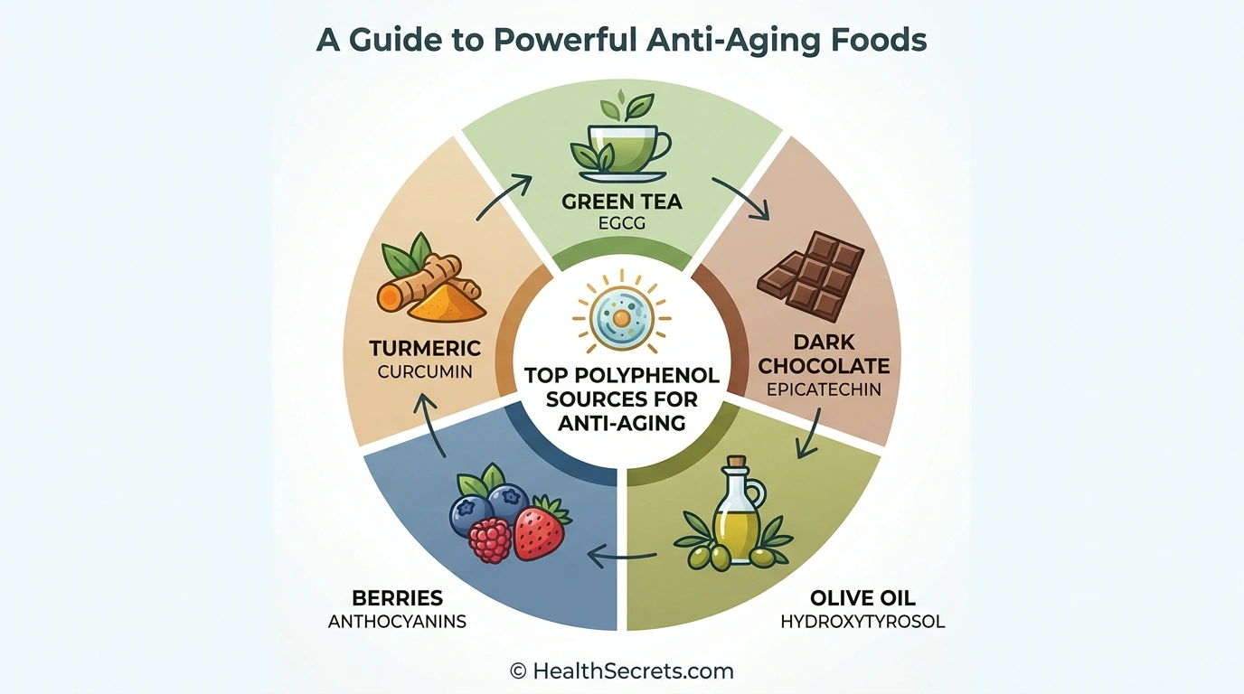Infographic of top five polyphenol sources for anti-aging with their key compounds labeled