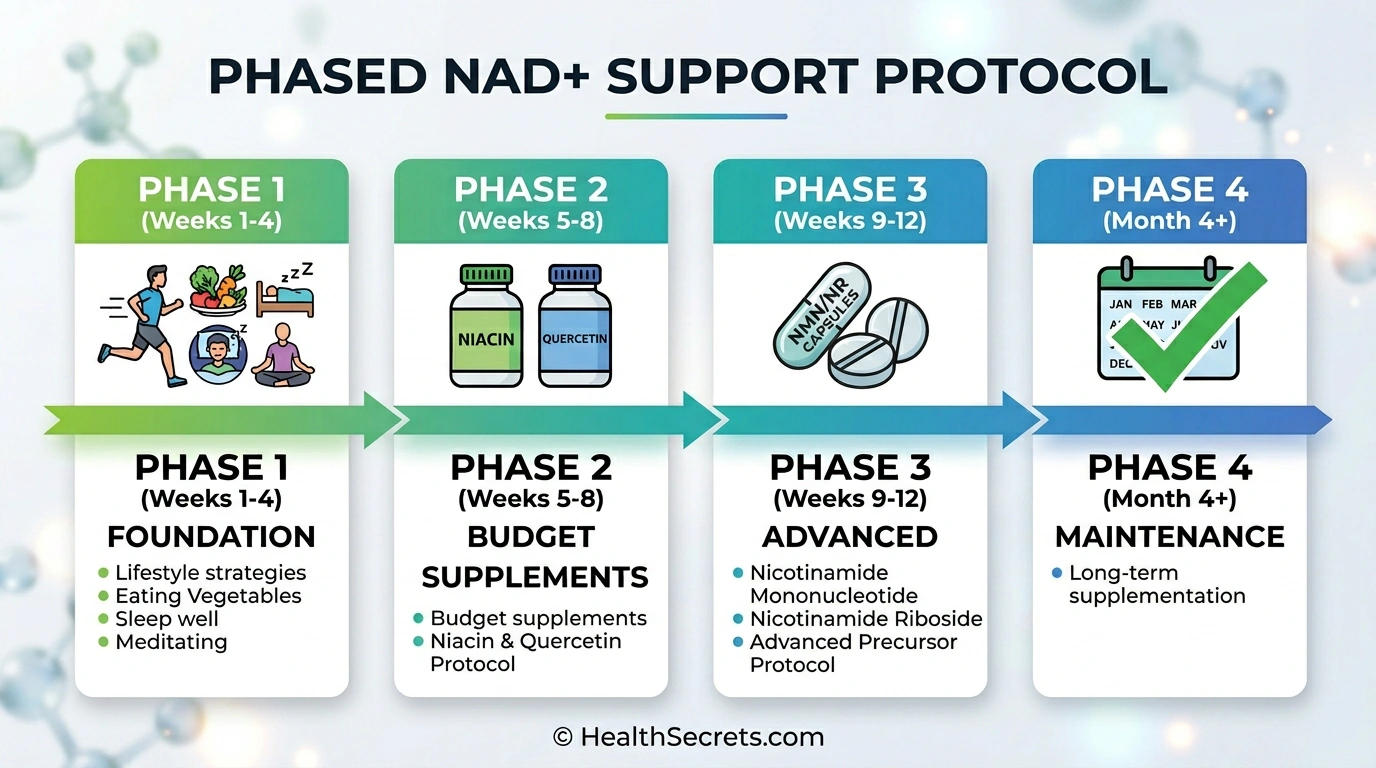 Four-phase NAD+ support action plan from lifestyle foundation to advanced supplementation and maintenance
