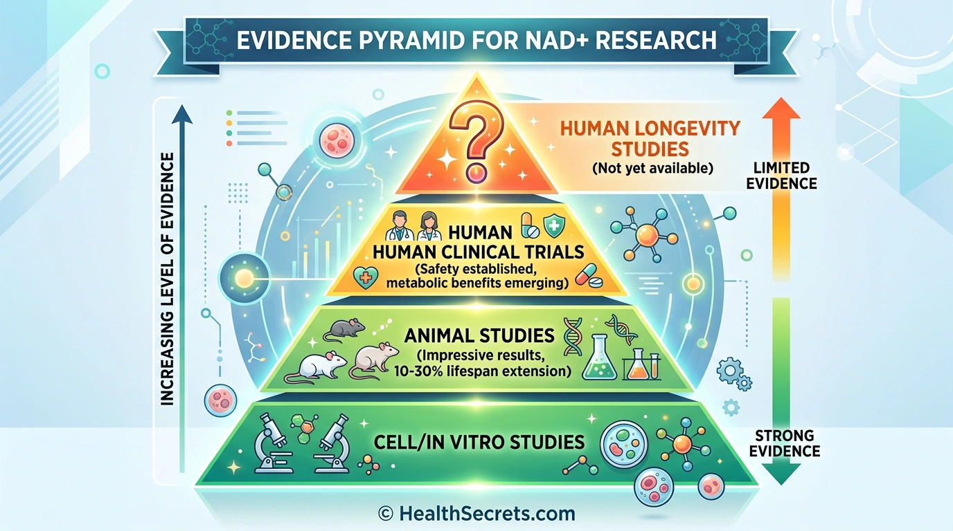 Evidence pyramid for NAD+ research showing strong animal data but limited human longevity evidence