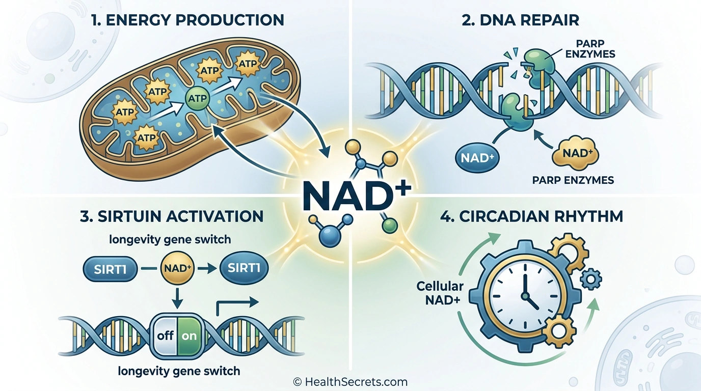 Infographic showing NAD+ four main functions: energy production, DNA repair, sirtuin activation, and circadian rhythm regulation