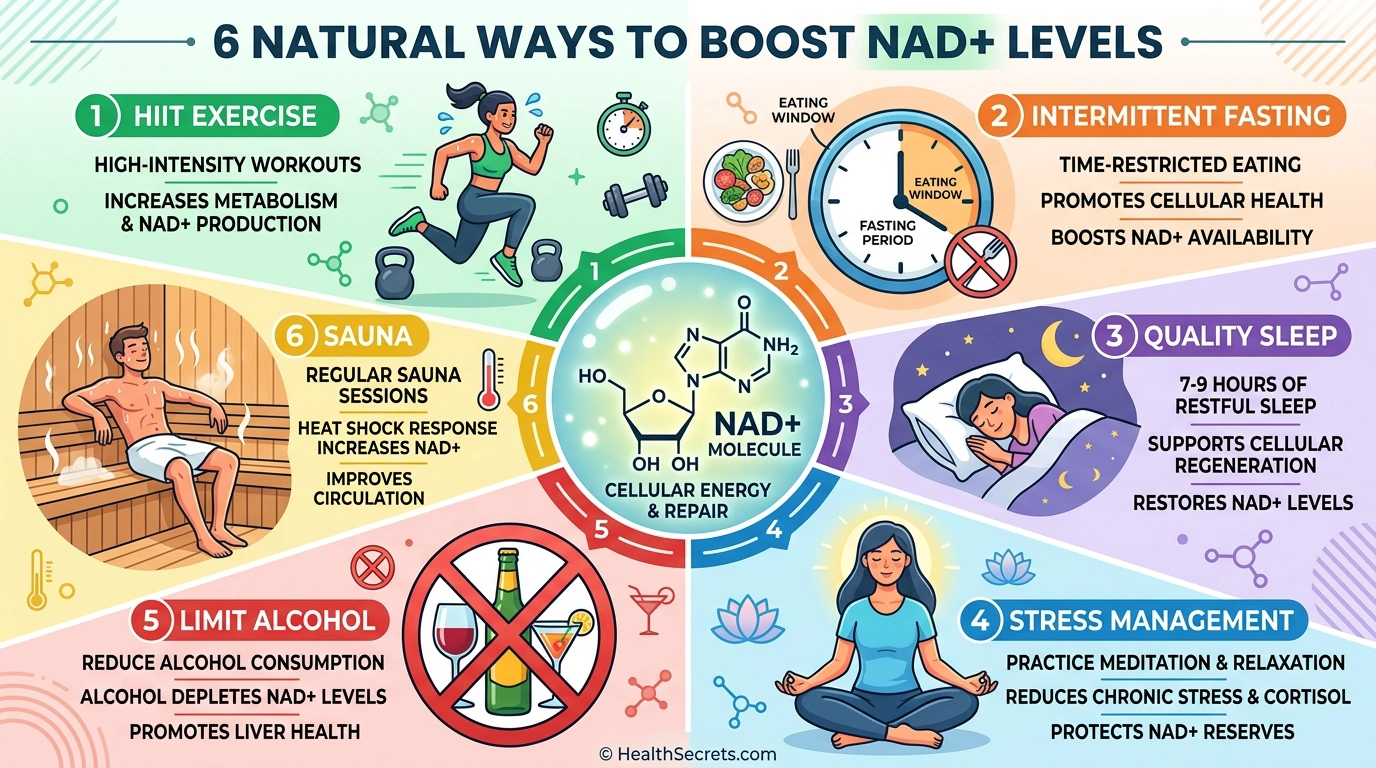 Six free lifestyle strategies to boost NAD+ naturally including exercise, fasting, sleep, stress management, limiting alcohol, and sauna