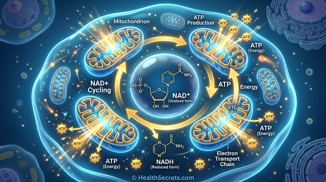 NAD+ molecule cycling between oxidized and reduced forms to produce ATP cellular energy in mitochondria