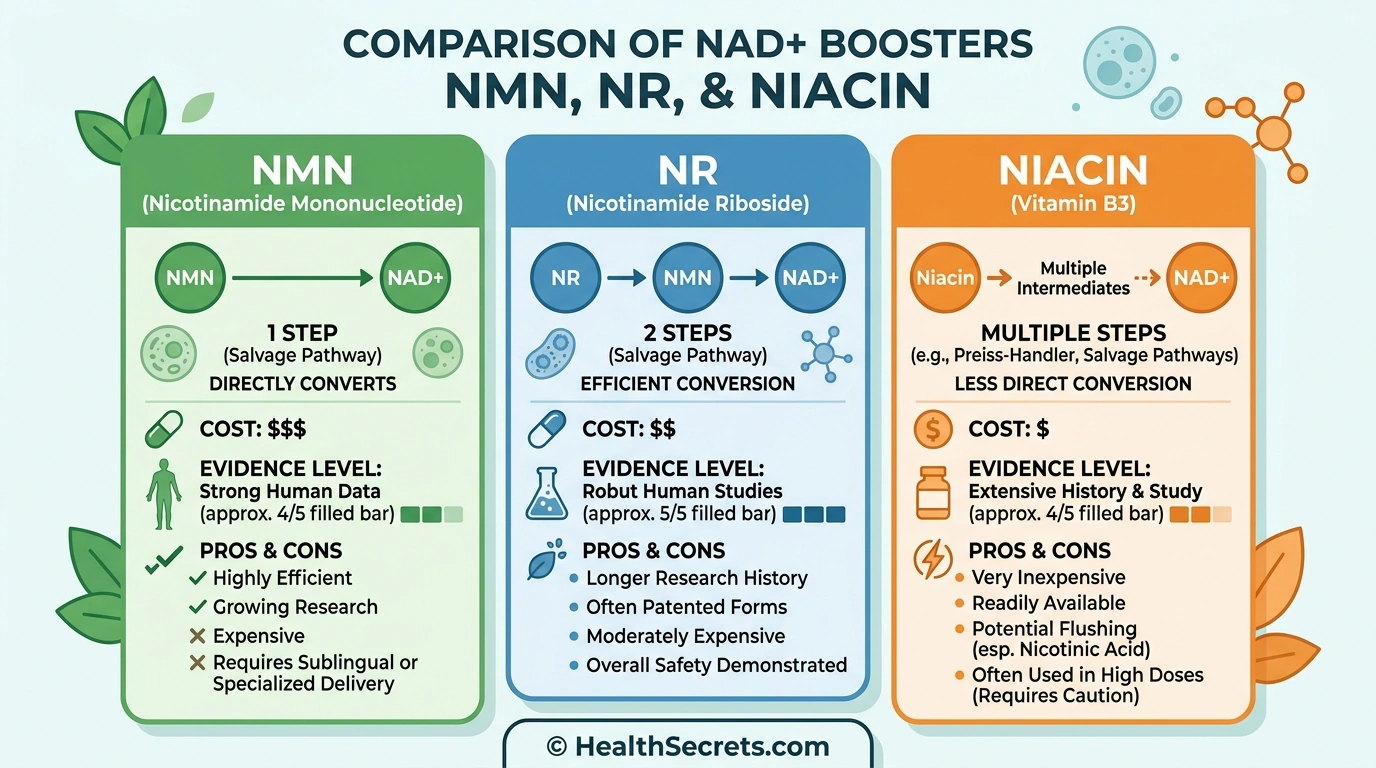 Comparison infographic of NMN, NR, and niacin NAD+ boosters showing pathways, costs, and evidence levels