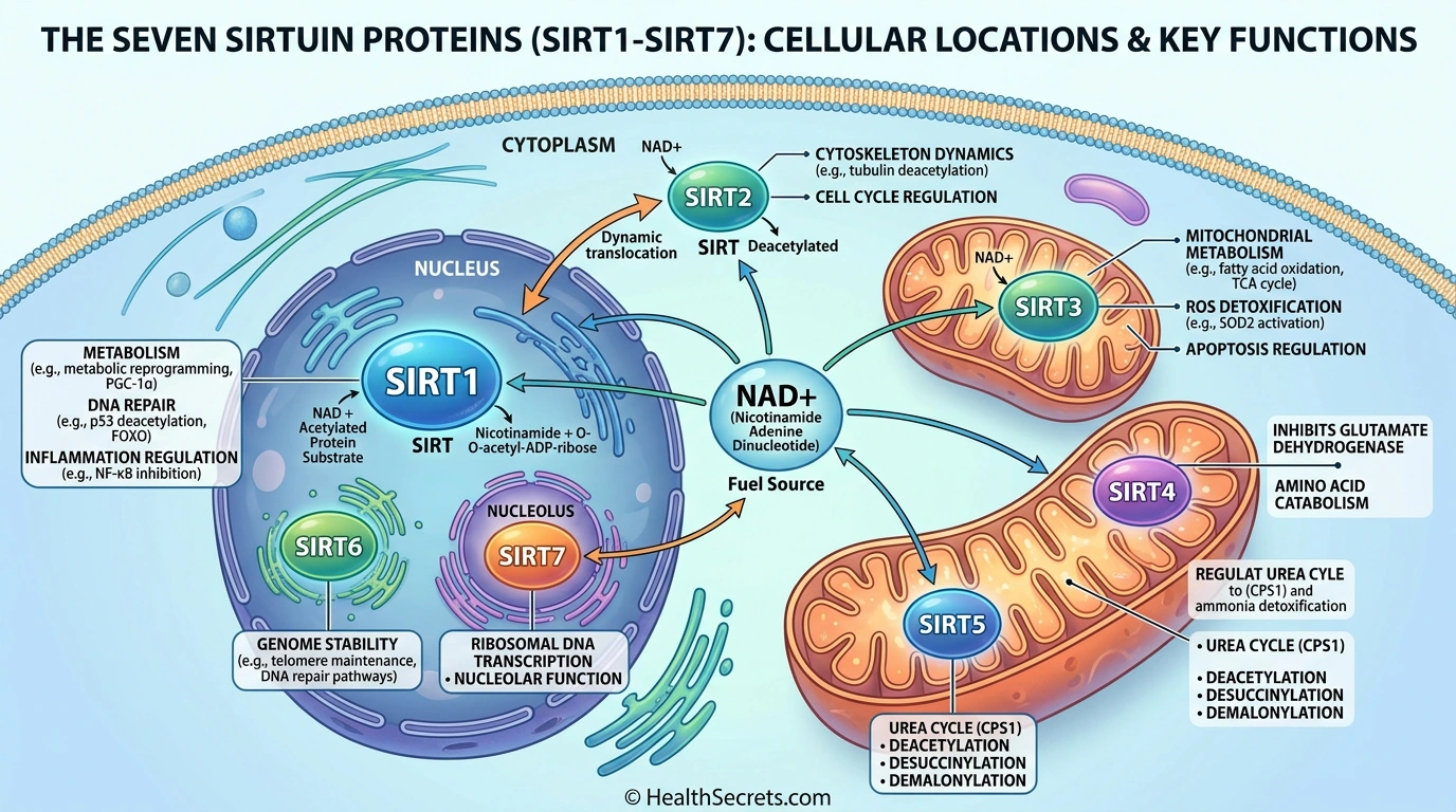 Diagram of seven sirtuin longevity genes SIRT1 through SIRT7 showing cellular locations and NAD+ dependence