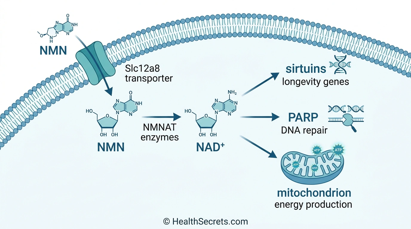 NMN to NAD+ conversion pathway showing cellular uptake, enzymatic conversion, and downstream effects on sirtuins, DNA repair, and mitochondrial energy production