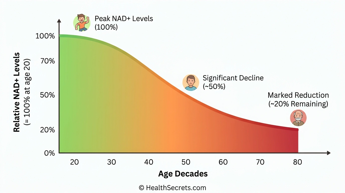 Chart showing NAD+ levels declining approximately 50 percent by age 50 and 80 percent by age 80 compared to age 20 baseline