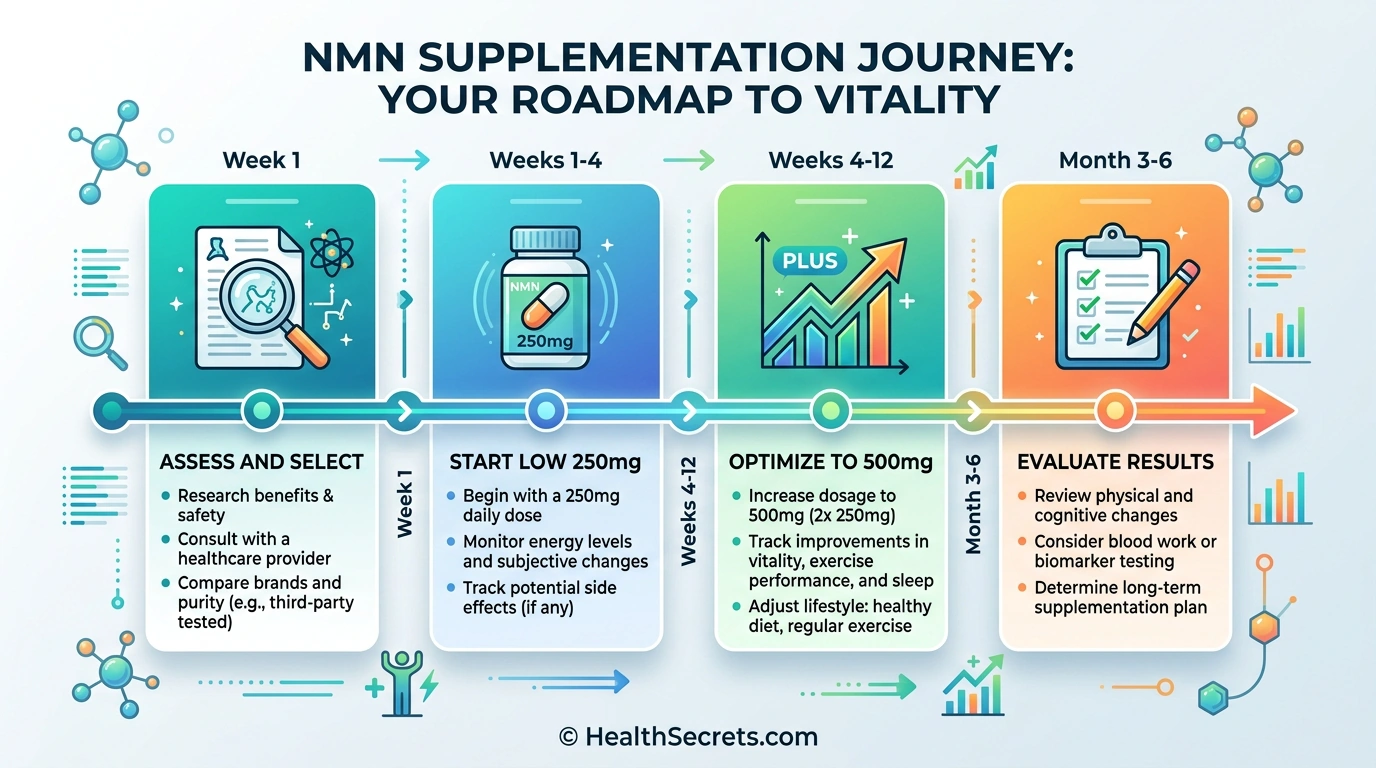 NMN supplementation action plan timeline showing four phases from assessment through optimization and evaluation over six months