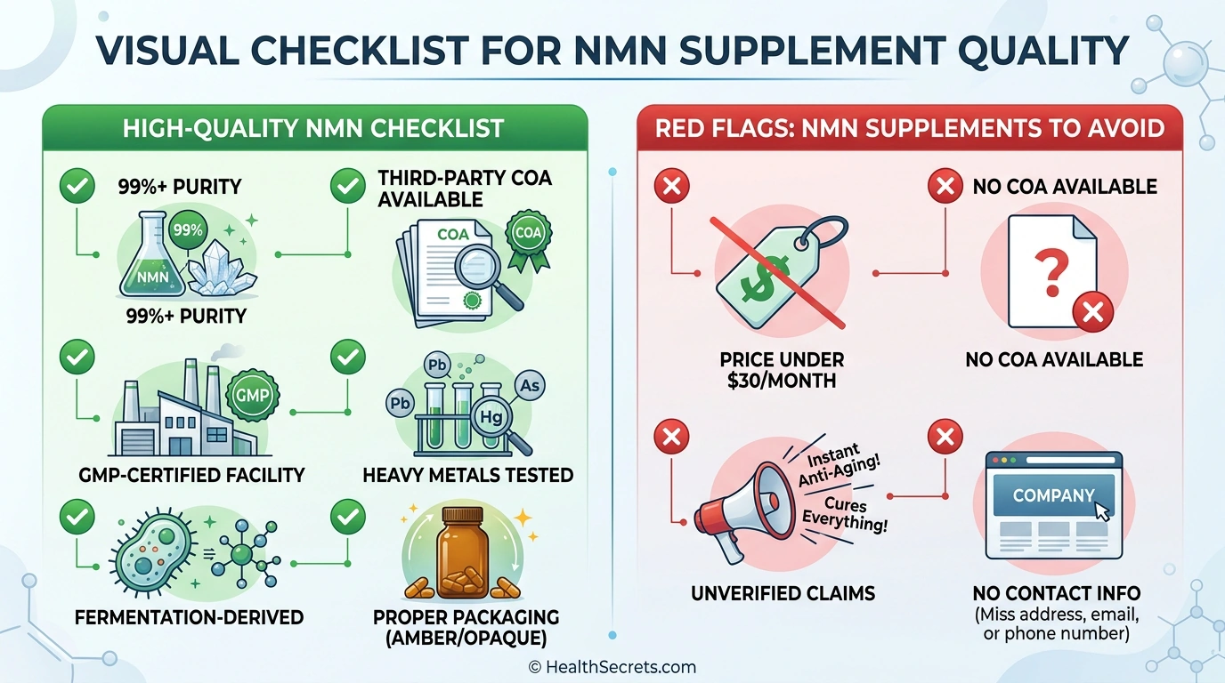 NMN supplement quality checklist showing green flags like 99 percent purity and third party testing and red flags like low pricing and no COA