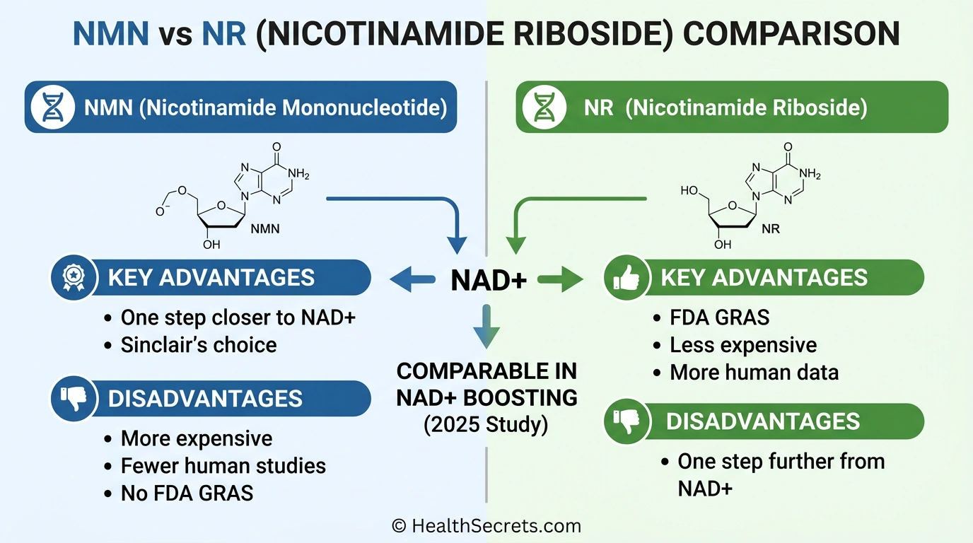 Comparison infographic of NMN versus NR nicotinamide riboside showing advantages disadvantages and 2026 study finding comparable NAD plus boosting