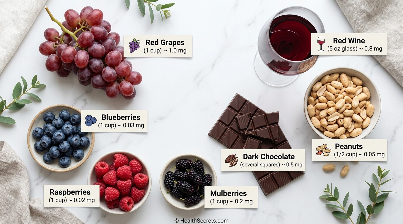 Natural food sources of resveratrol including red grapes blueberries peanuts and dark chocolate with mg content