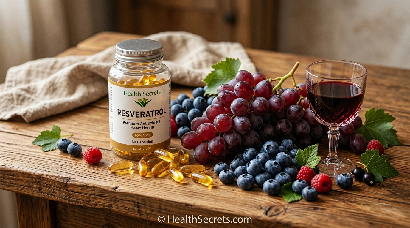 Resveratrol supplement capsules with red grapes and blueberries on wooden surface