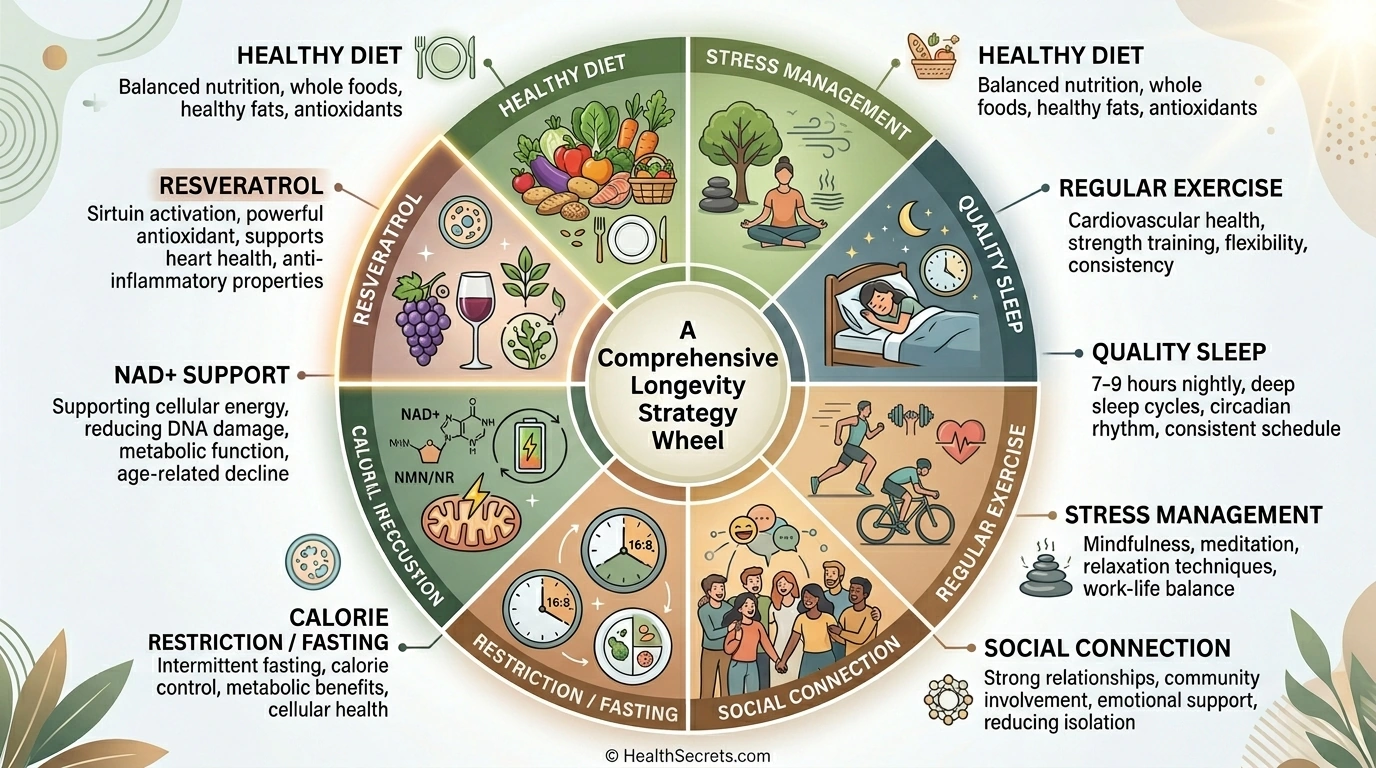Comprehensive longevity strategy wheel showing resveratrol as one component alongside diet exercise and sleep