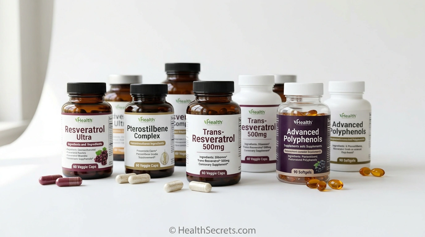 Resveratrol and pterostilbene supplement bottles and capsules for longevity support